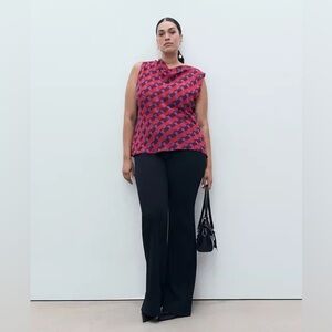 NEW Mango Draped Collar Cowl Printed Blouse Purple Blue Sleeveless US 14 NWT